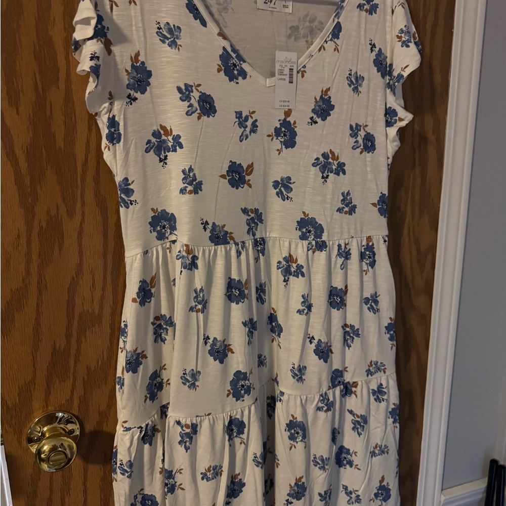 Cream Midi Dress with Blue Floral Print and V-Neck, Large- NWT! - Picture 3 of 10